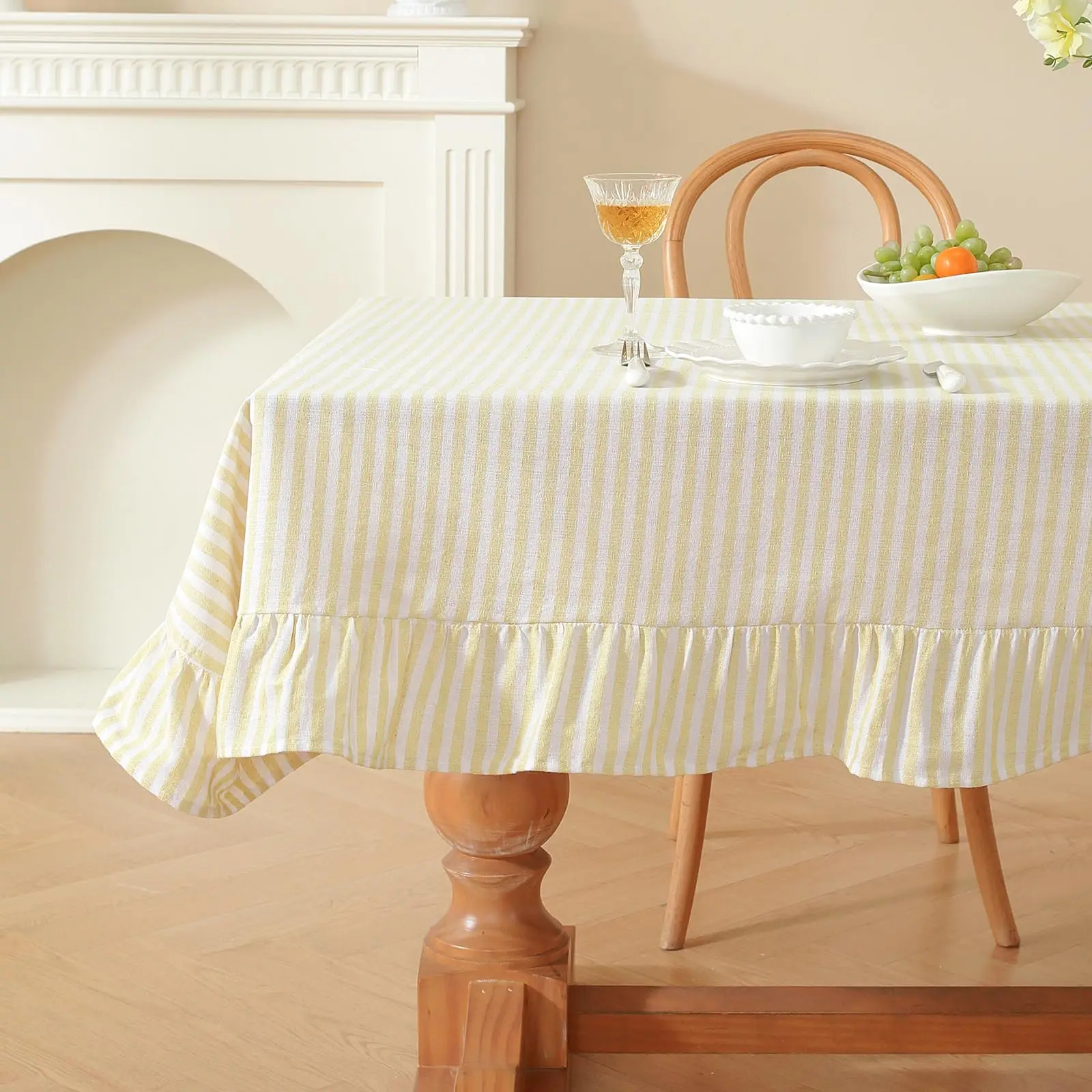 Striped Ruffled Tablecloth Square Cotton Blend Stripe Table Cloth with Tassel, Farmhouse Washable Wrinkle Free Table Cover
