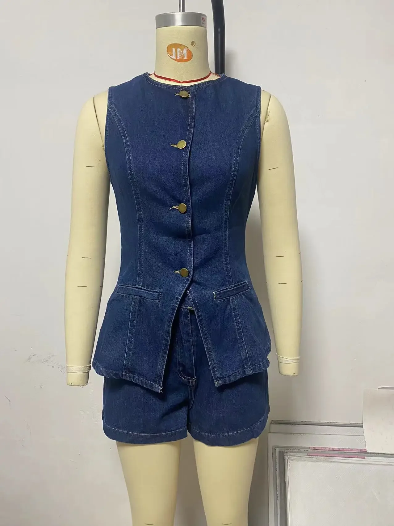CPSYMYM 夏ノースリーブツーピースセット女性デニムシングルブレスト O ネックトップスショーツパンツスーツストリート新衣装