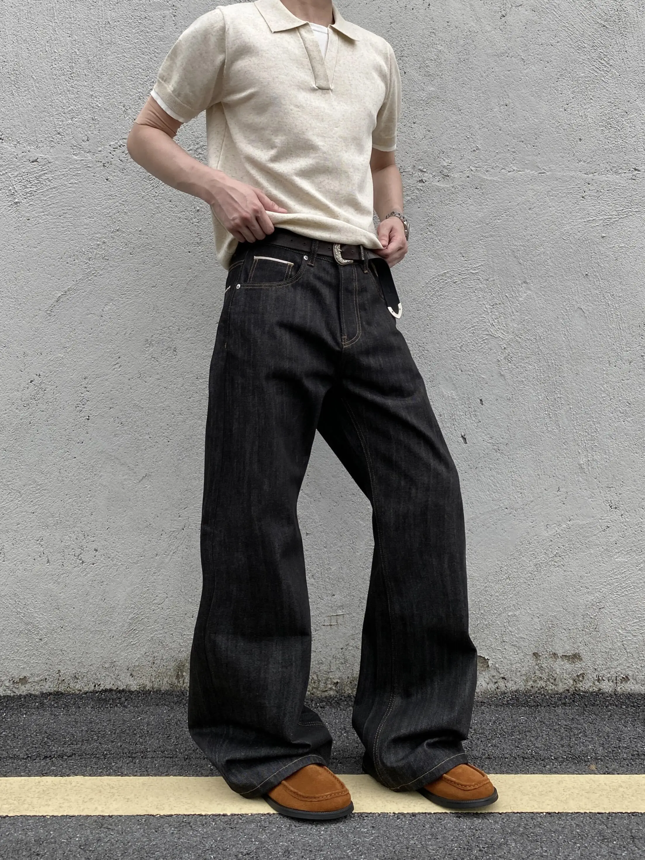Jeans American Vintage Original com Bordas Brancas em Denim, Calças Casuais Largas e Soltas para Homens e Mulheres
