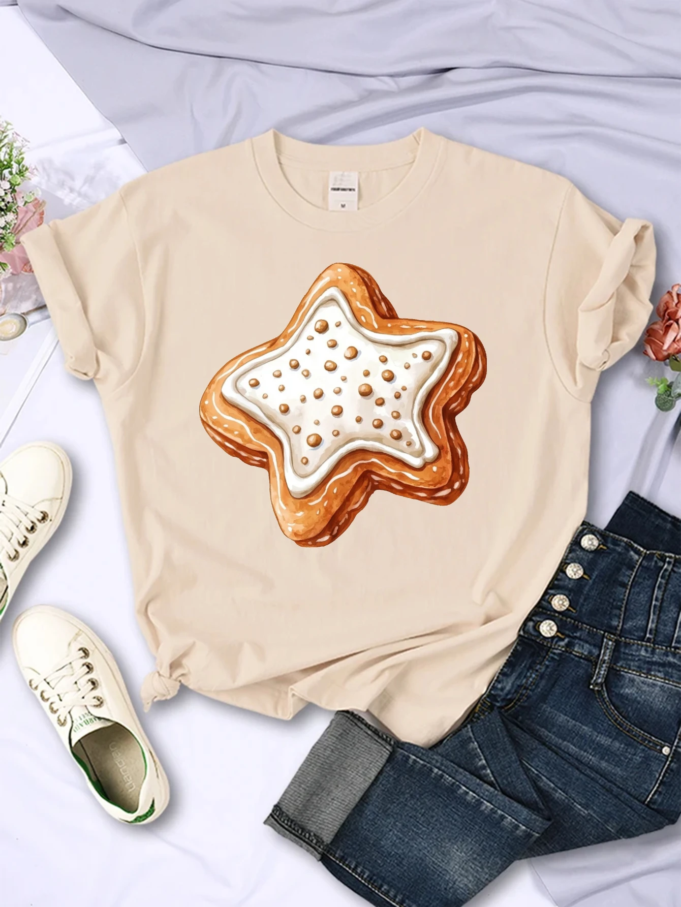 Camiseta navideña con cuello redondo y estampado navideño de bastones de caramelo para unisex, cómoda, holgada, multicolor