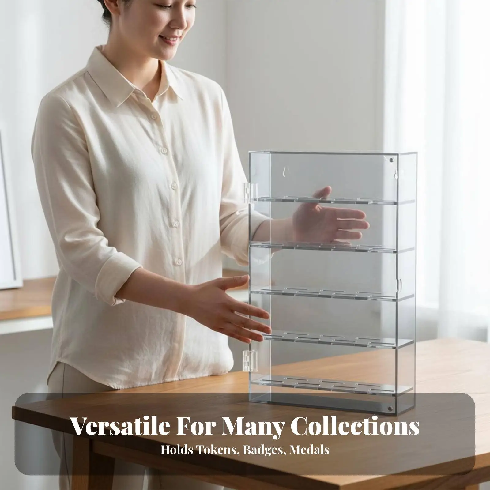Transparent Acrylic Coin Display Box for Collectors 35 Slots Medal Rack with Dustproof Door for Badges Token Storage