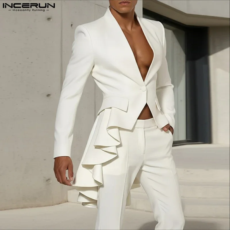 

INCERUN Men Irregular Blazer V Neck Long Sleeve Ruffle One Button Male Suit Streetwear Pleated Fashion Casual Thin Coats Blazer