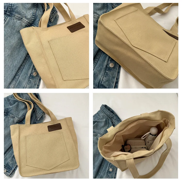 Bolso de mano de lona de gran capacidad para mujer, bolsa de hombro de Color sólido, informal, Simple, escolar, diseño Original