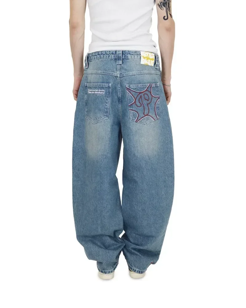 Streetwear Jeans Y2K Mens Pants Harajuku Hip Hop Letter Embroidery Vintage Blue Baggy Jeans High Waist Wide Leg Trouser