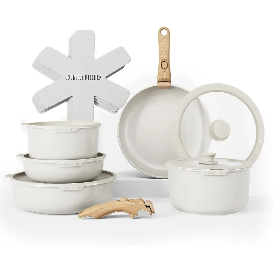 

Cookware Set with Removable Handle Oven RV Safe Pots and Pans Set Cream Gold Speckle Wood Handle for Home Kitchen Camping and O