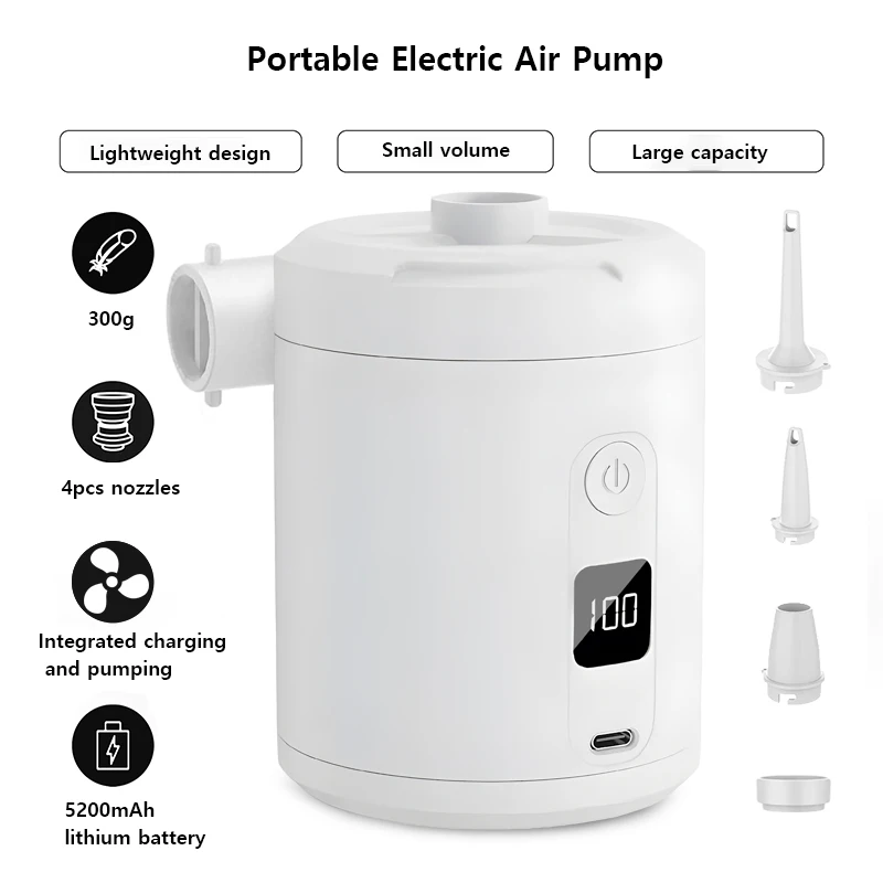 

Портативный воздушный насос для кемпинга на открытом воздухе с сверхдлительным сроком службы батареи 5200 мАч Портативный электрический воздушный насос USB Type-C с цифровым считыванием