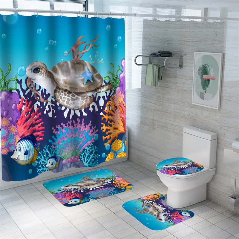 

Colorful Sea Turtle Shower Curtain Waterproof Print Bath Mat Set Toilet Rugs High Quality Anti-slip Carpets Bathroom Decorative