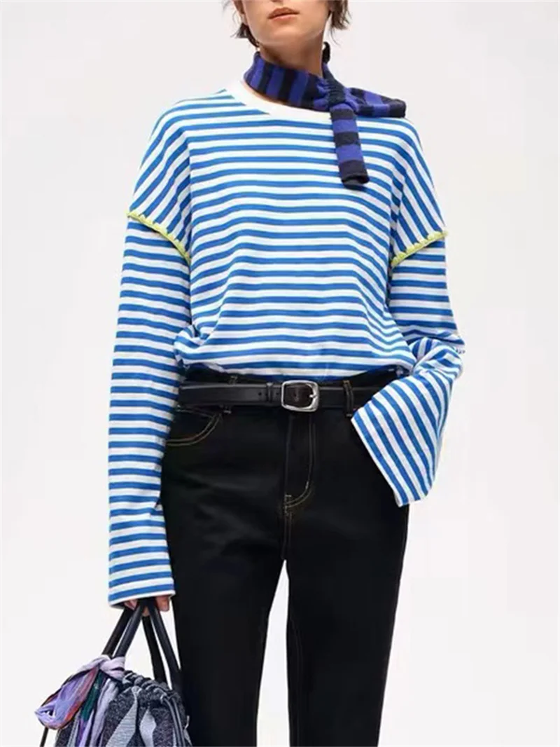 

Round Neck T-Shirt Women's Contrast Color Stripes Loose Casual Ladies Splicing Long Sleeve Pullover Tops Autumn 2024 New