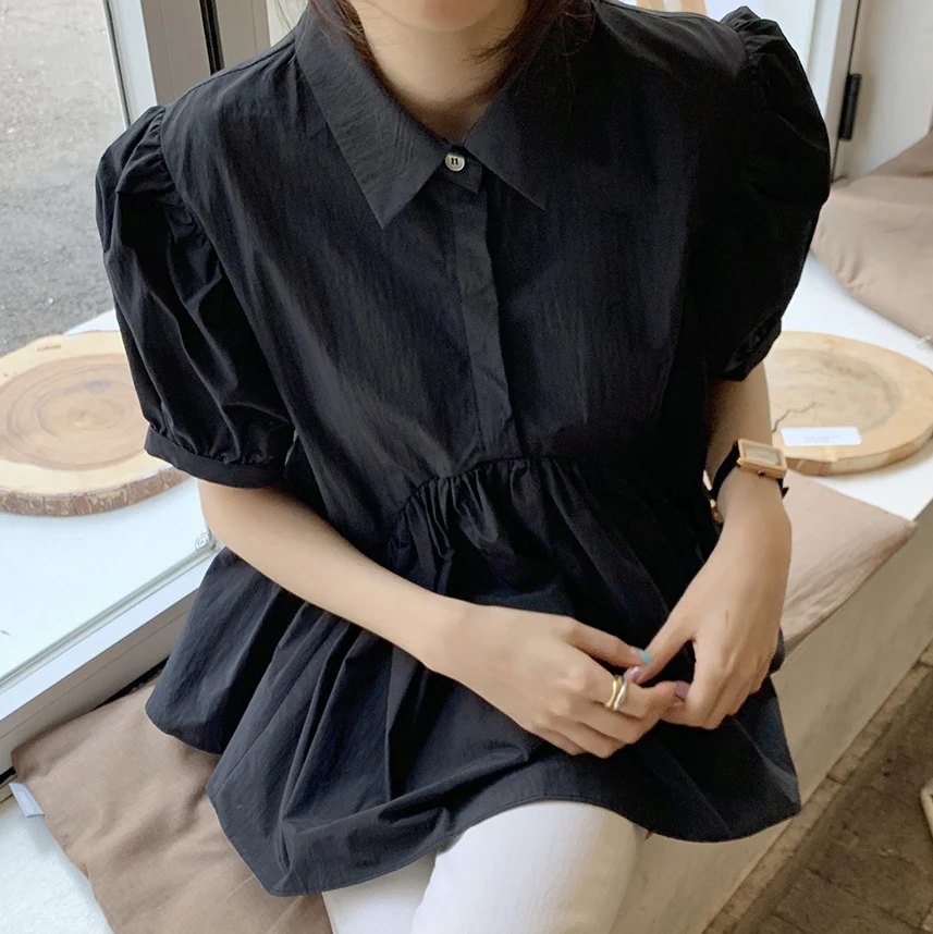 Chic Summer Vintage Turn-down Collar Ba Pleat Design Loose Irregular Bubble Sve irt Women's  Ne ort Sve Top