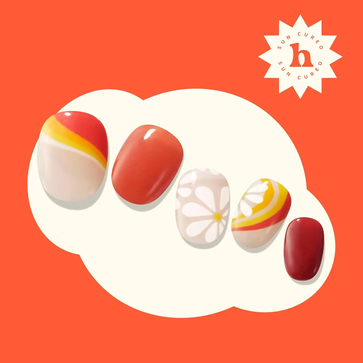 セミキュアジェルネイルストリップ、サマーフローラルレッド、LEDランプ不要、プレップパッド、ファイル、スティック付き28枚入り