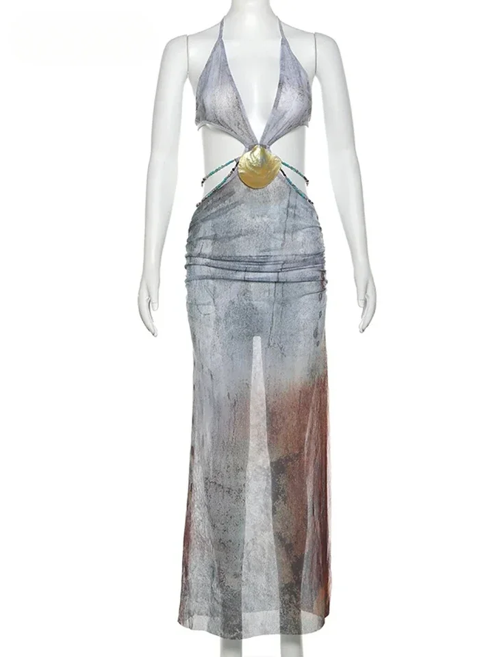 Pearl Shells Halter Dress Women See Thorough Summer Trend Backless Waistless Deep v-Neck Skinny Long Bodycon Vestidos