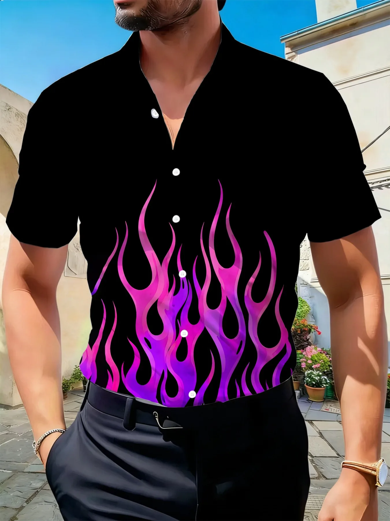 Men's Shirt Purple Pink Gradient Flame Print Short Sleeve Lapel Loose Summer Streetwear Casual Daily Mens Clothing