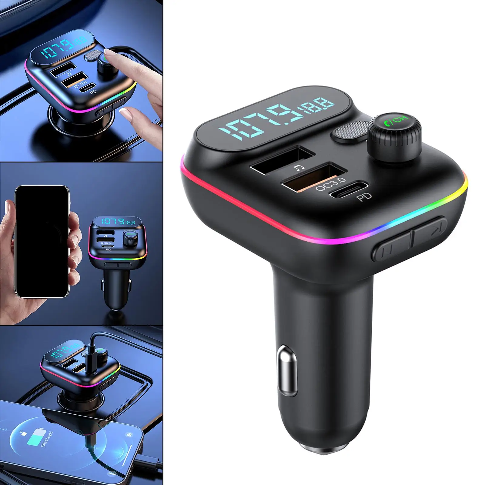 

Автомобильный FM-трансмиттер USB QC3.0 5V/3A PD20W с быстрой зарядкой и MP3-плеером, поддержка карт TF