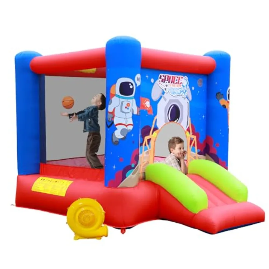 

Inflatable Bounce House Jumping Castle Slide with Blower for Outdoor ' Party Features Basketball Rim and Safety Netting Ideal f
