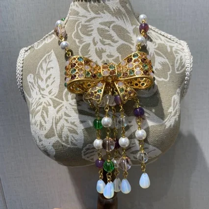 Bow Brooch Necklace Two-purpose Ancient Original Protein Glass Beads Long Tassel Oil Drop Pendant