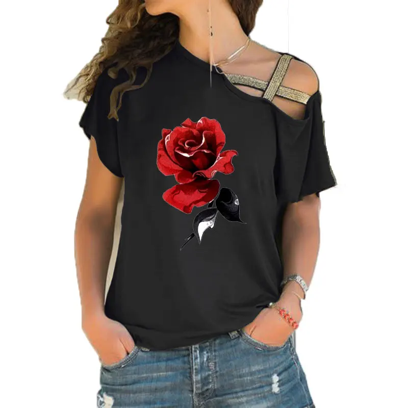 Women T-shirt Loose Slash Neck T Shirt Ladies Red Rose Flower Printing T-shirt Summer Casual Irregular Skew Cross Bandage Tops