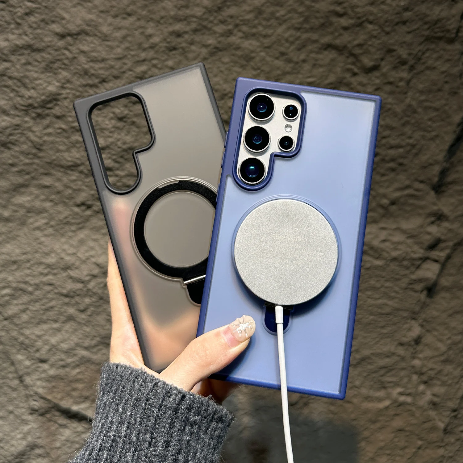 SR-حامل حلقي فاخر حامل حافظة هاتف مغناطيسية غير لامعة لهاتف جالاكسي S25 S24 Ultra S23 FE S22 Plus غطاء شفاف #5