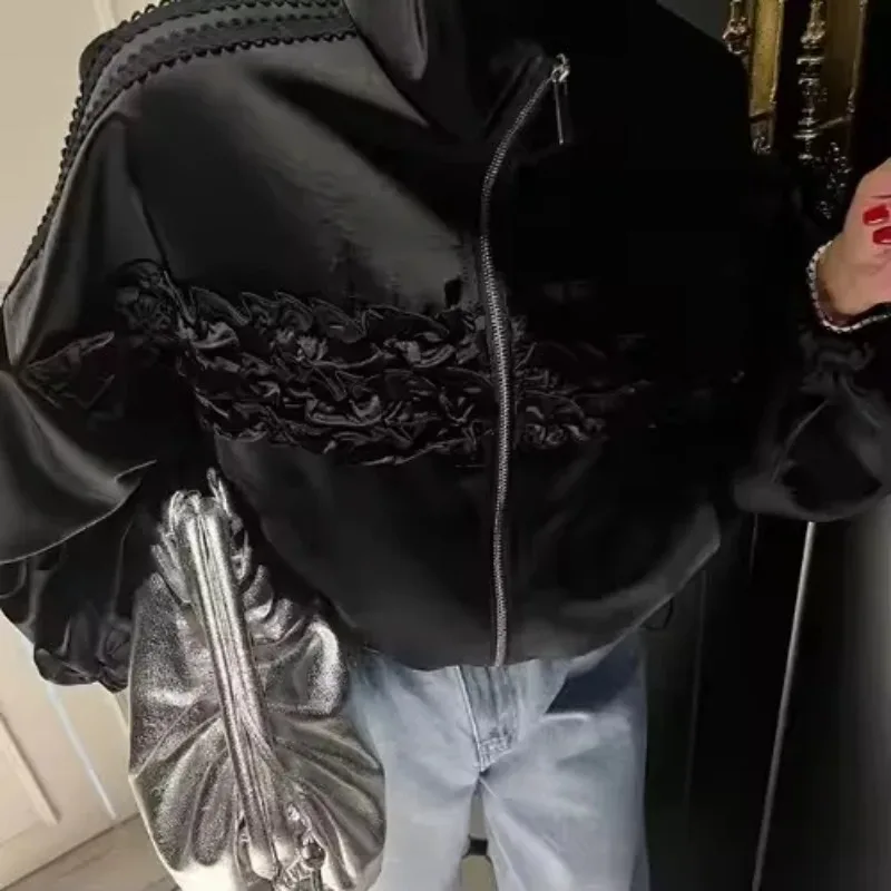 Trendy Loose Long Sleeve Womens Short Jacket Crop Tops Folded Ear Mushroom Ruffle Zipper Drawstring Coat Spring Casual Outerwear