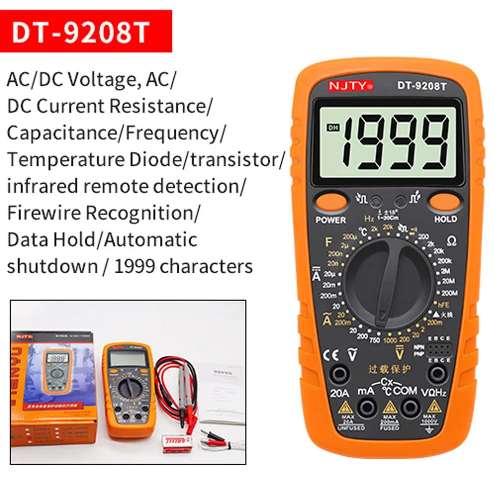 NJTY High Voltage Digital Multimeter 2000V AC/DC Professional Voltmeter Ammeter Capacitance Temperature Ohm Multi Meter Tester