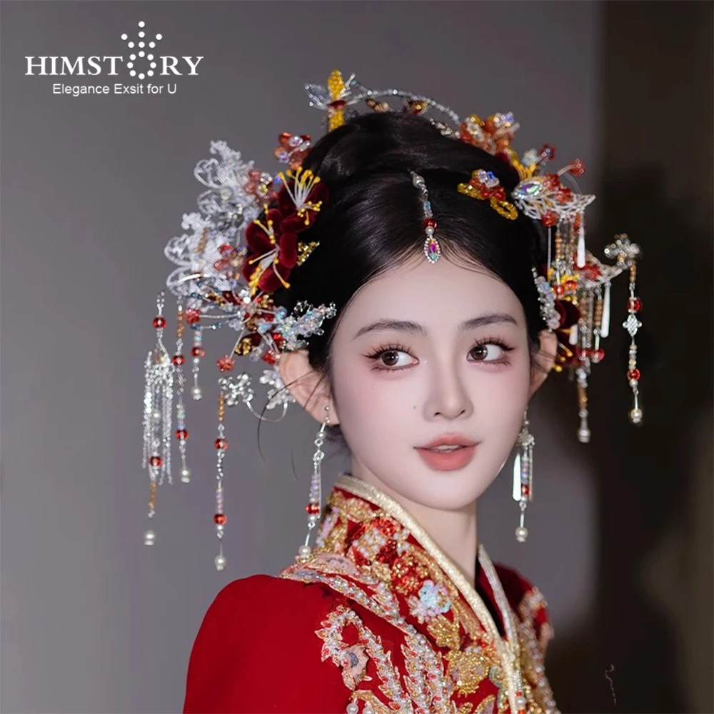 

HIMSTORY Bride's Exquisite Sweet Velvet Flower Hair Accessories Butterfly Hairpin Ancient Style Chinese Tassel Xiuhe Jewelries