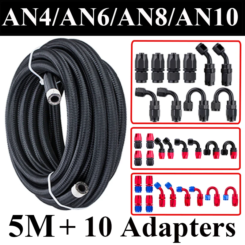 

5M AN4 AN6 AN8 AN10 Fuel Hose Oil Gas Cooler Hose Line Pipe Tube Nylon CPE Rubber 4x0 2x45 2x90 2x180 Degree Hose End Fittings