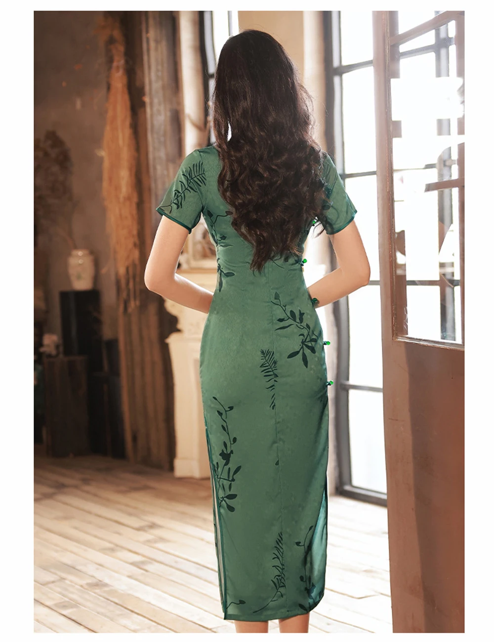 Long Chiffon Cheongsam Vintage Old Shanghai Green Printed Dress Summer Daily Elegant Chinese Traditional Banquet Qipao Chinoise