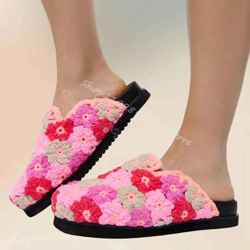 Colorful Knitted Flower Design Black Sole Slippers Slip On Women Shoes Low Top Round Toe Party Banquet 2024 Zapatos Para Mujere