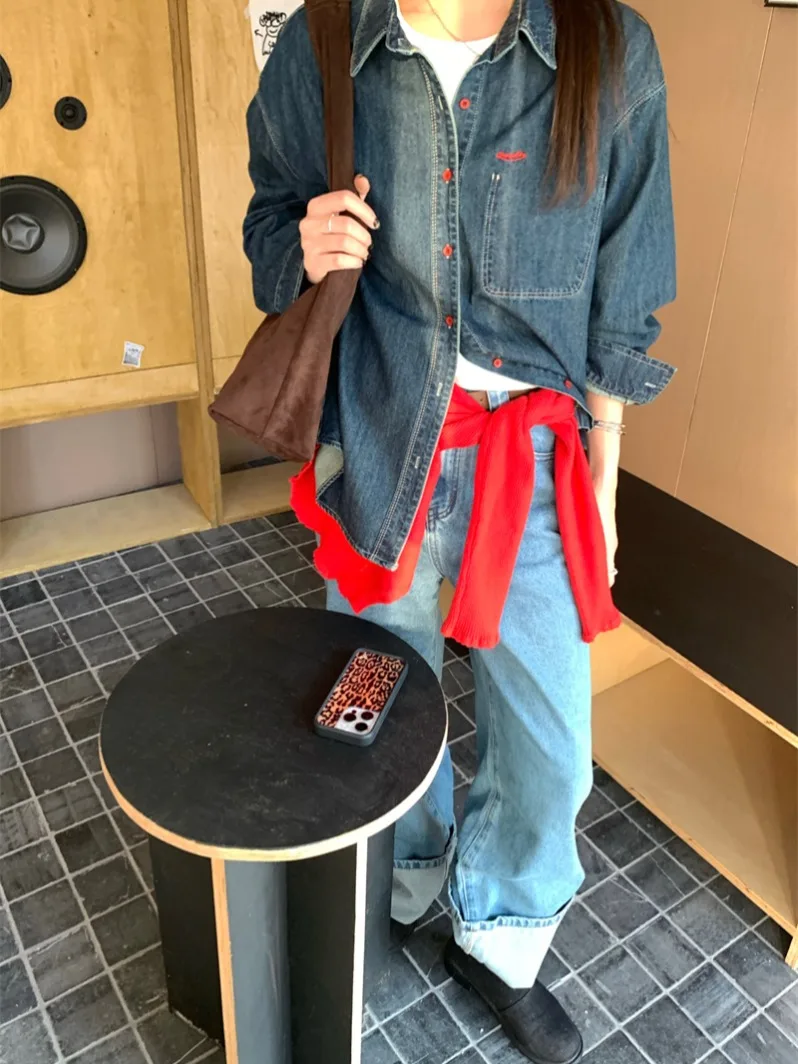 

Denim Coat Long With Fur Womens Fall Snap Button Standneck Patchwork Wide Corduroy Sportswear Ribbed Outcoats Embroidered Jacket