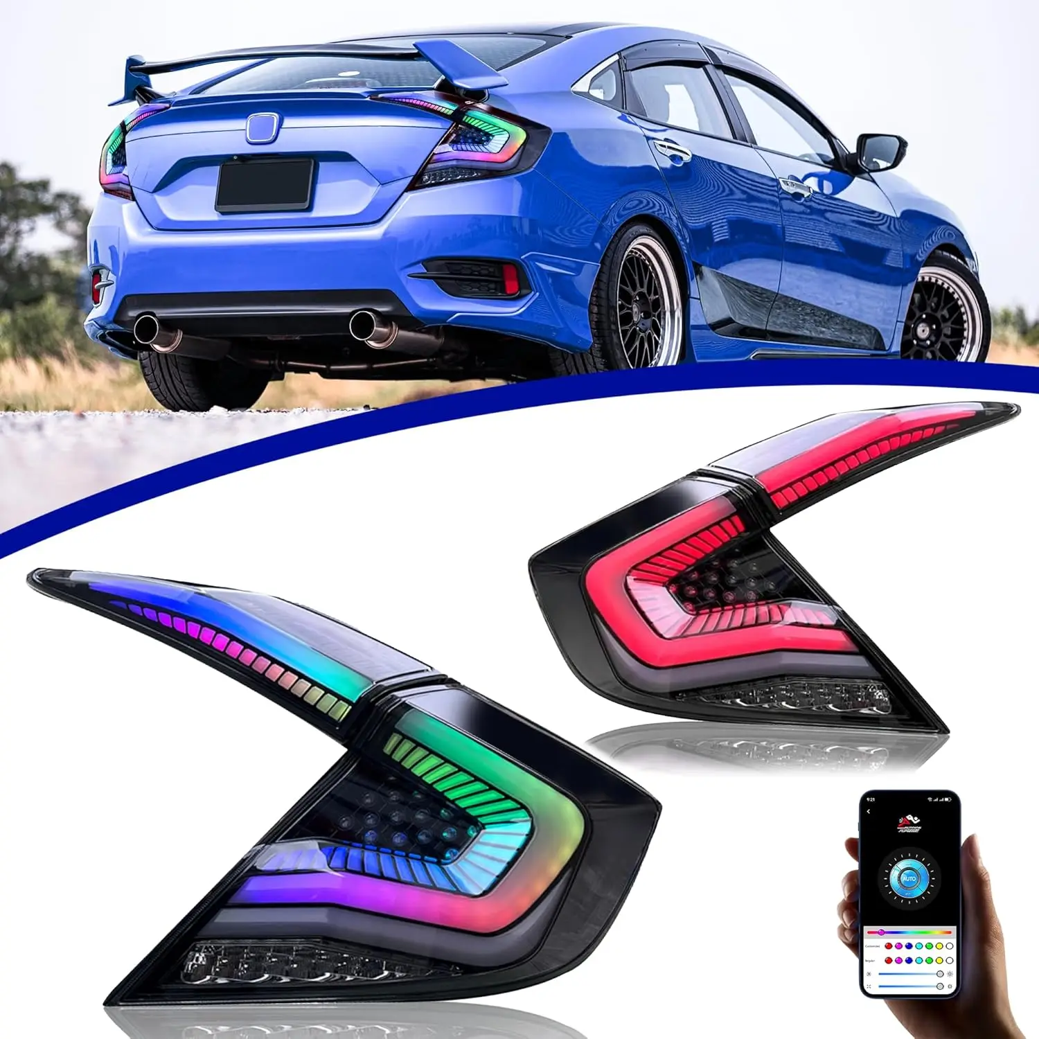 

Светодиодные задние фонари RGB для Honda Civic 10-го поколения 2016-2021 с последовательным анимацией запуска указателя поворота