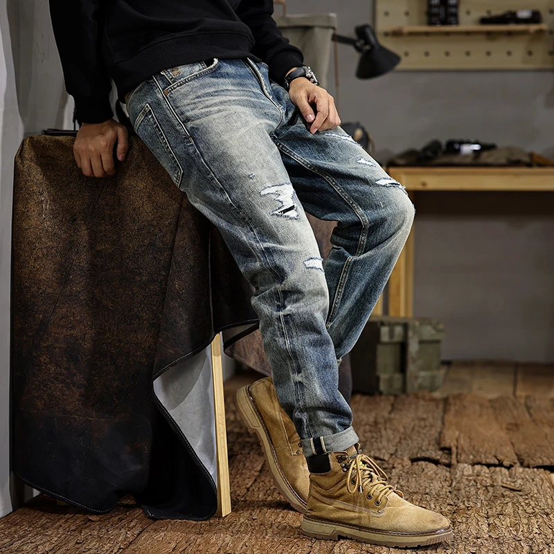 2025 SS Premium Selvedge Ripped Hole Denim Jeans for Men American Vintage High-Street Slim Straight Stretch Tapered Pants