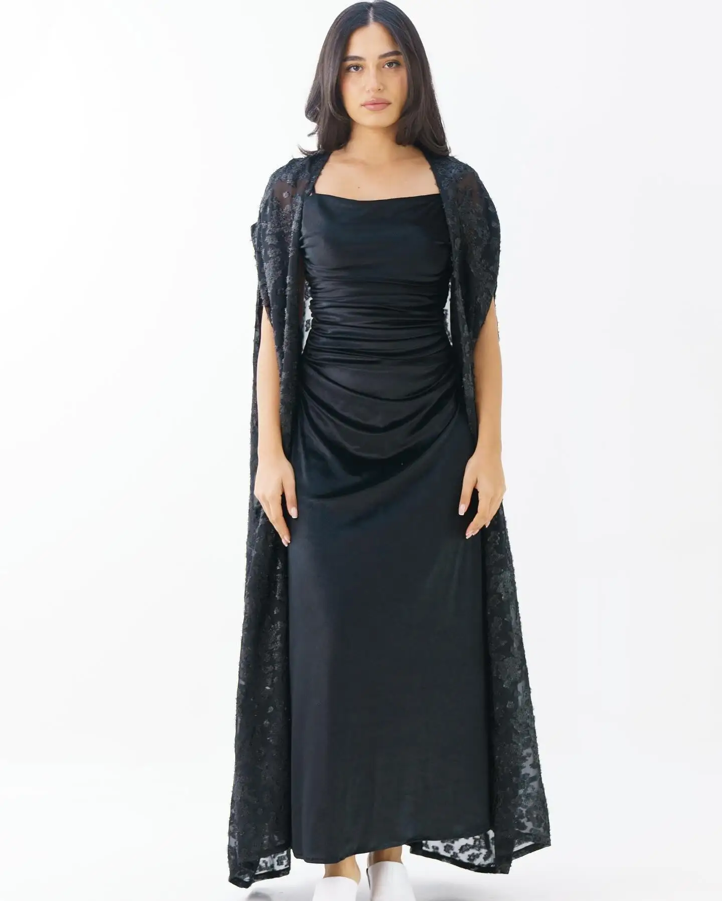 

Customized Modern Black Satin Evening Dresses Fashion Ruched Square Collar Celebrity Gowns Classic Zipper Back Vestido De Noche
