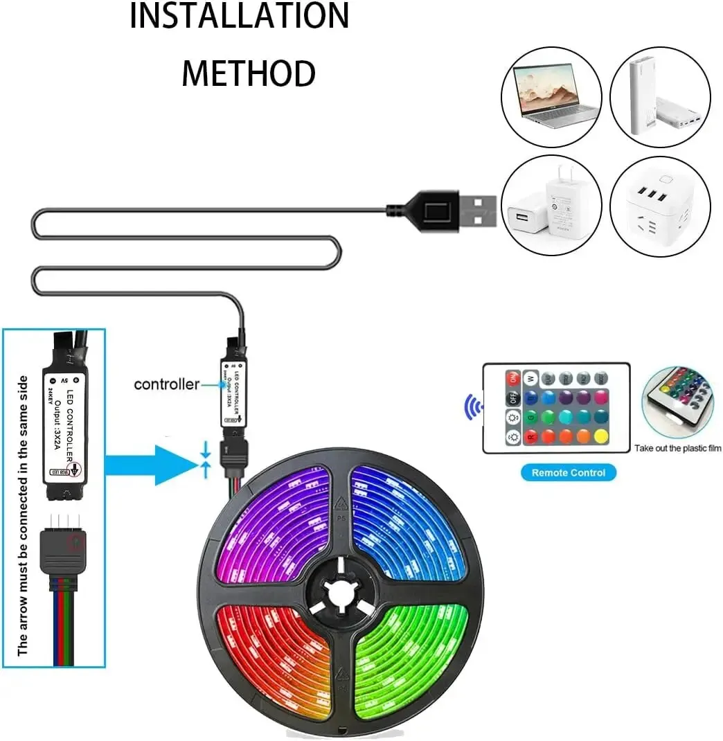 Taśma LED USB 1M z pilotem na 24 klawisze, 60 diod LED/m Taśma RGB SMD2835 Elastyczne podświetlenie LED TV do sypialni, imprez i wystroju domu