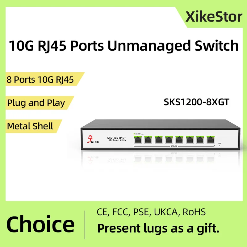 XikeStor All 10g RJ45 Network  8 Ports Unmanaged Ethernet  Plug and Play Single Fan Design