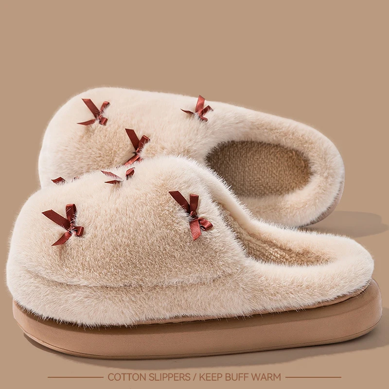 Women's Winter Cotton Slippers – Non-Slip Warm House Shoes with Cute Bowknot, Soft Indoor Home Slippers for Postpartum