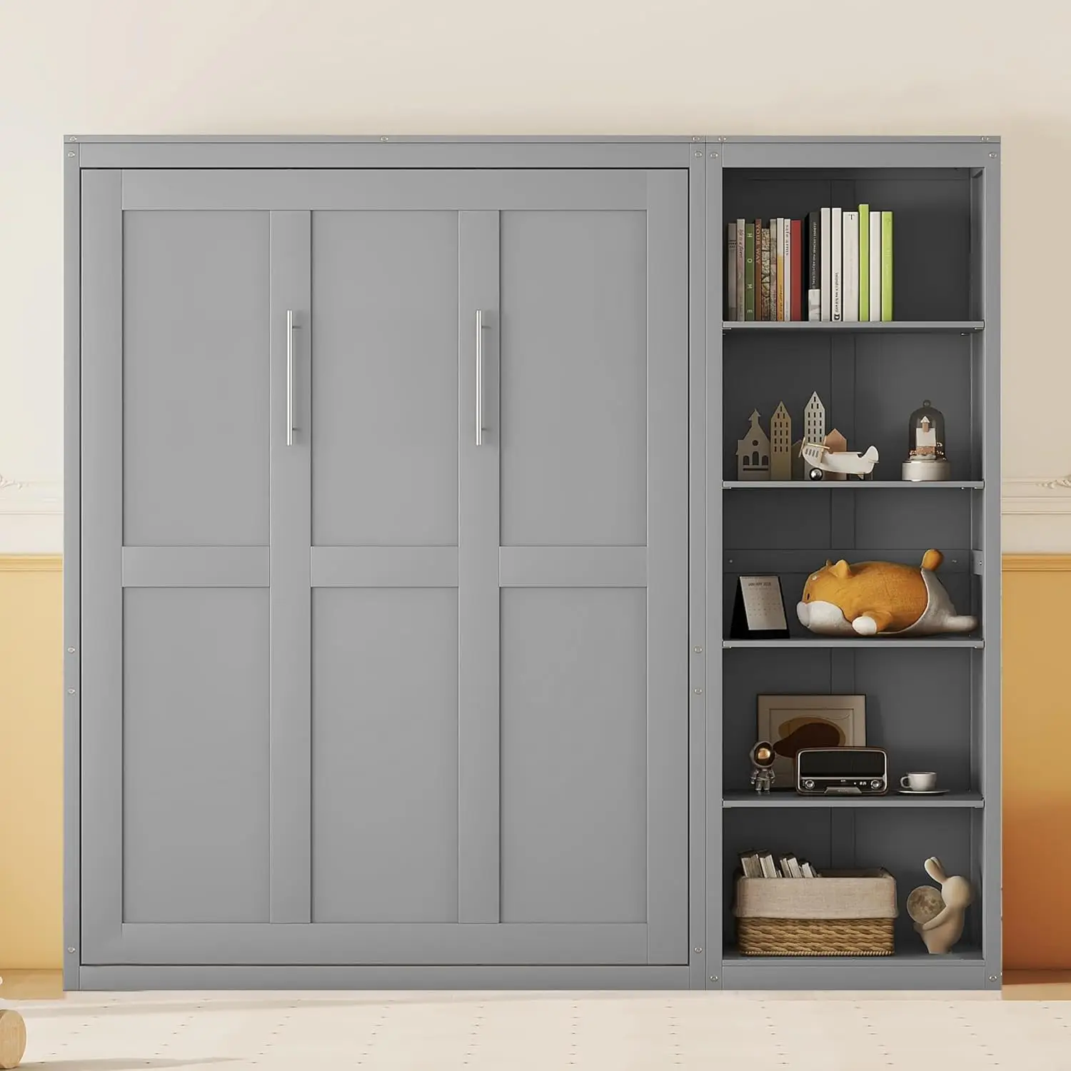 Queen Size Murphy Bed Wooden Wall Bed with Shelves Gray Crafted From Durable Industrial-grade Laminated MDF and Plywood