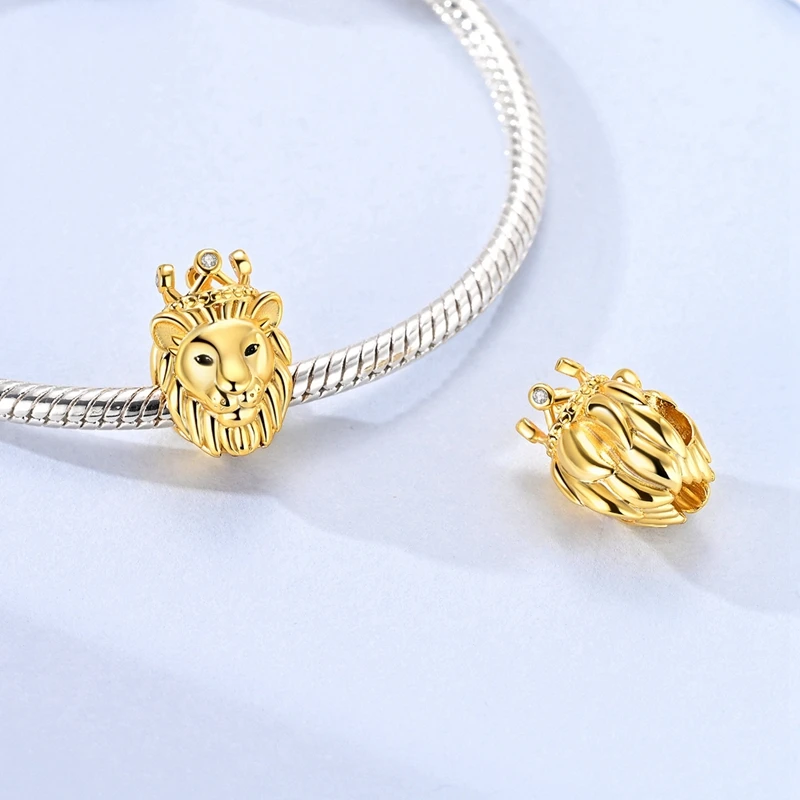 

New 925 Sterling Silver Golden Crown Lion Charms Beads Sparkling Zircon Dangle Fit 3mm Original Bracelet DIY Women Party Jewelry