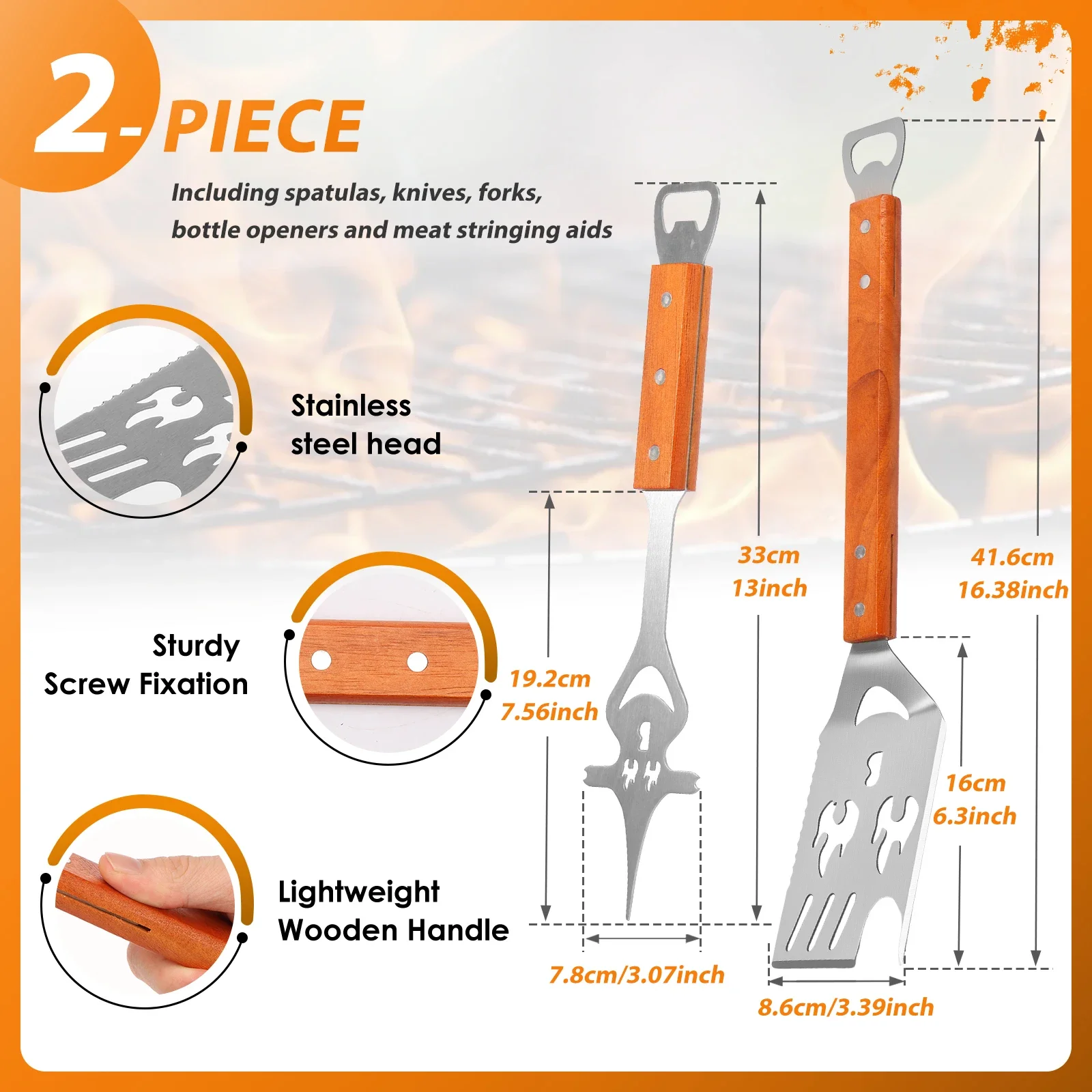 2Pcs Multi-functional Barbecue Utensils Set Rust Proof Stainless Steel Grill Spatula and Barbecue Fork Portable Camping BBQ Tool