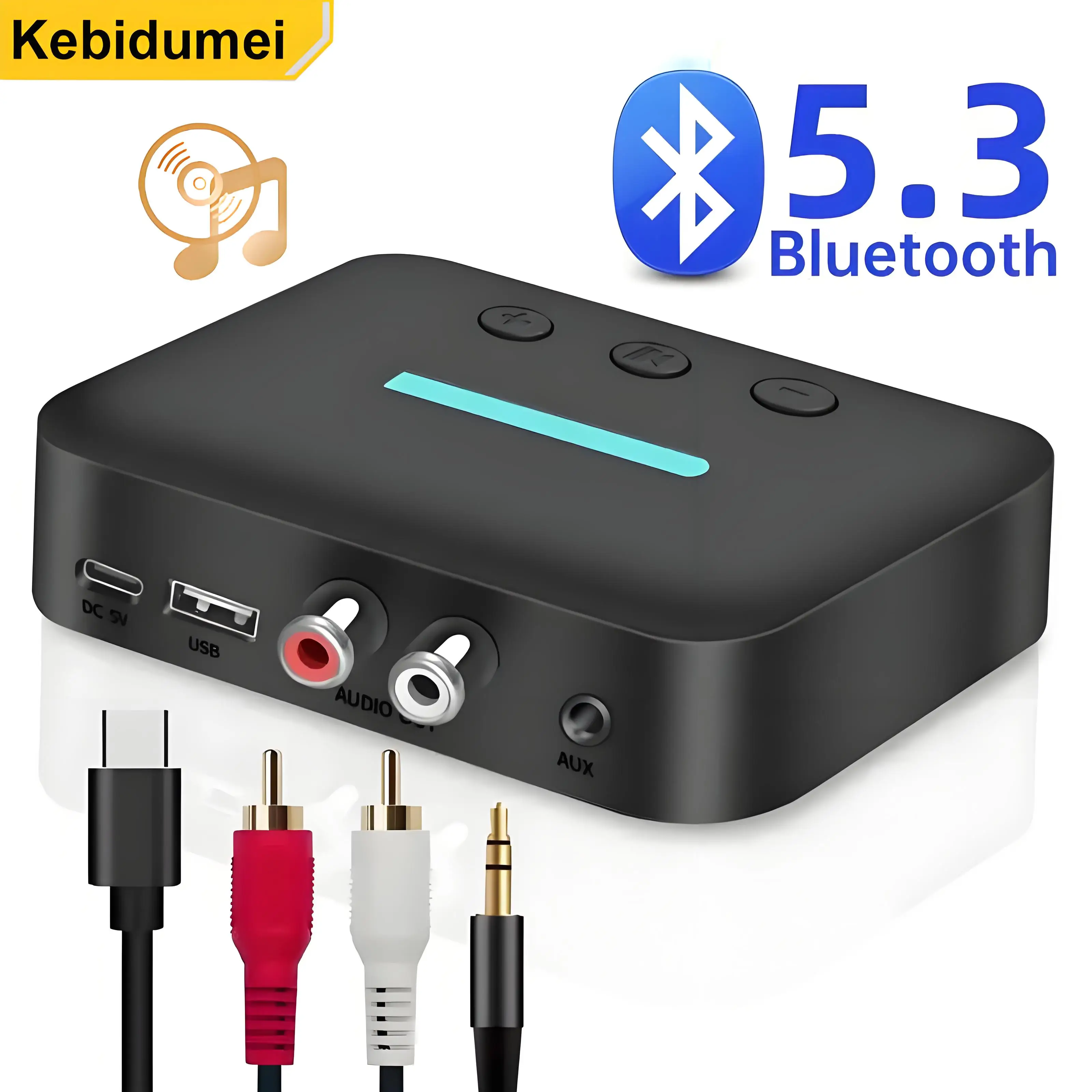 Bluetooth 5.3オーディオレシーバー,USBワイヤレスアダプター,ステレオミュージックレシーバー,Uディスク再生サポート,3.5 AUX, R, Lスピーカー,PC, TV用