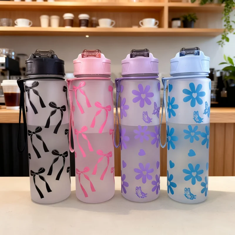750ML Matte PC Water with Cute Bowknot Pattern Leakproof Includes Straw and Carry Handle Spring-Loaded Lid Bottle