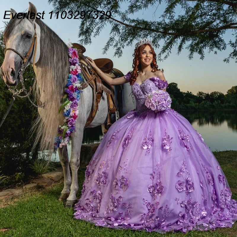 EVLAST Luxury Purple Quinceanera Dress Ball Gown 3D Floral Applique Beaded Mexican Corset Sweet 16 Vestidos De 15 Años TQD851