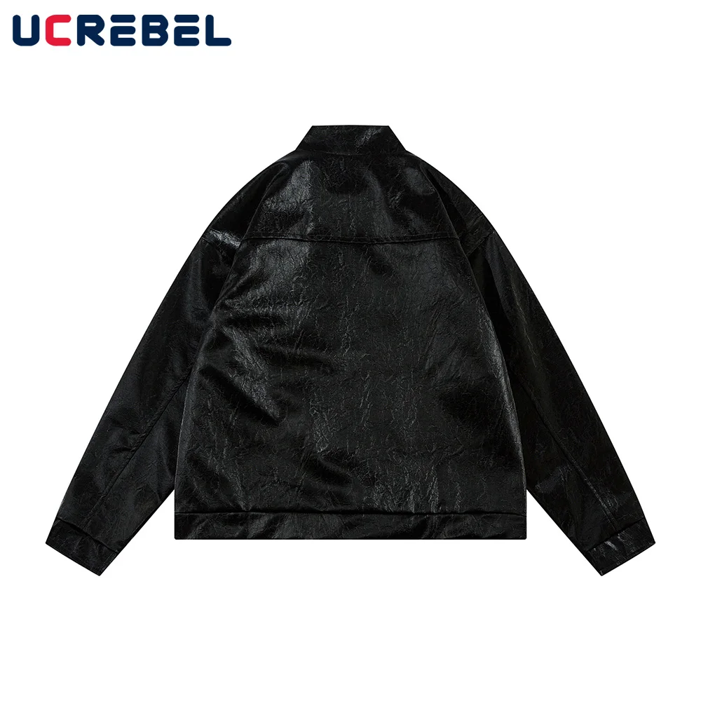 Pleated Spliced PU Leather Jacket Mens Solid Color High Street Autumn Lapel Long Sleeve Outerwear Men