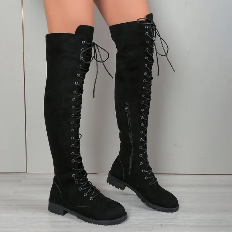Winter Women's Sexy Lace-Up Over-The-Knee Boots Fashion Non-slip Thigh High Boots Side Zipper Low Heels Gothic Shoes Botas Mujer - view 6