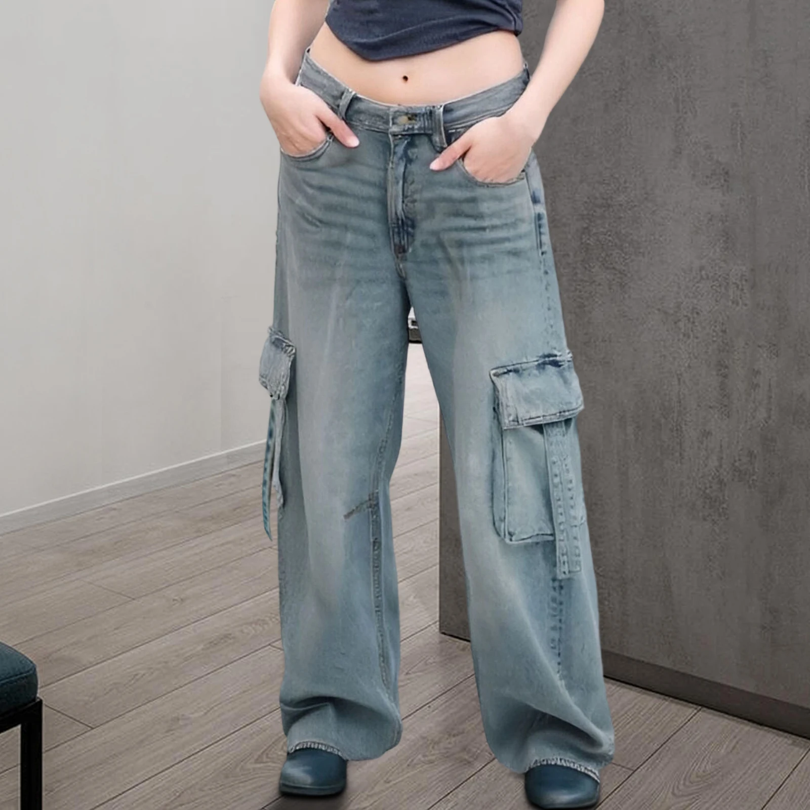 Pantalones vaqueros holgados cargo para mujer, pantalones vaqueros de talle bajo con múltiples bolsillos, pantalones largos informales para oficina al aire libre