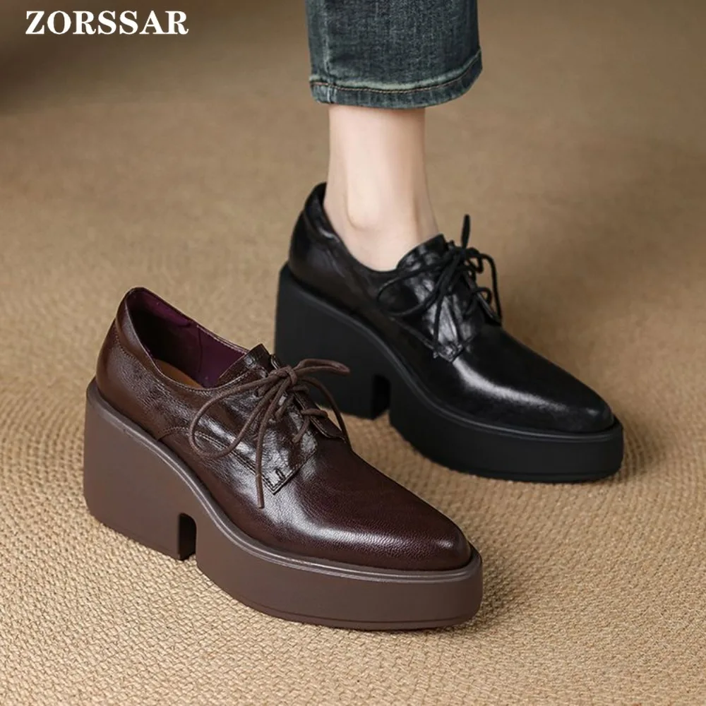 

Chunky Platform High Heels Pumps Women 2026 New Genuine Leather Pointed Toe Wedge Heel Shoes Woman Thick-soled Brown Oxford Shoe
