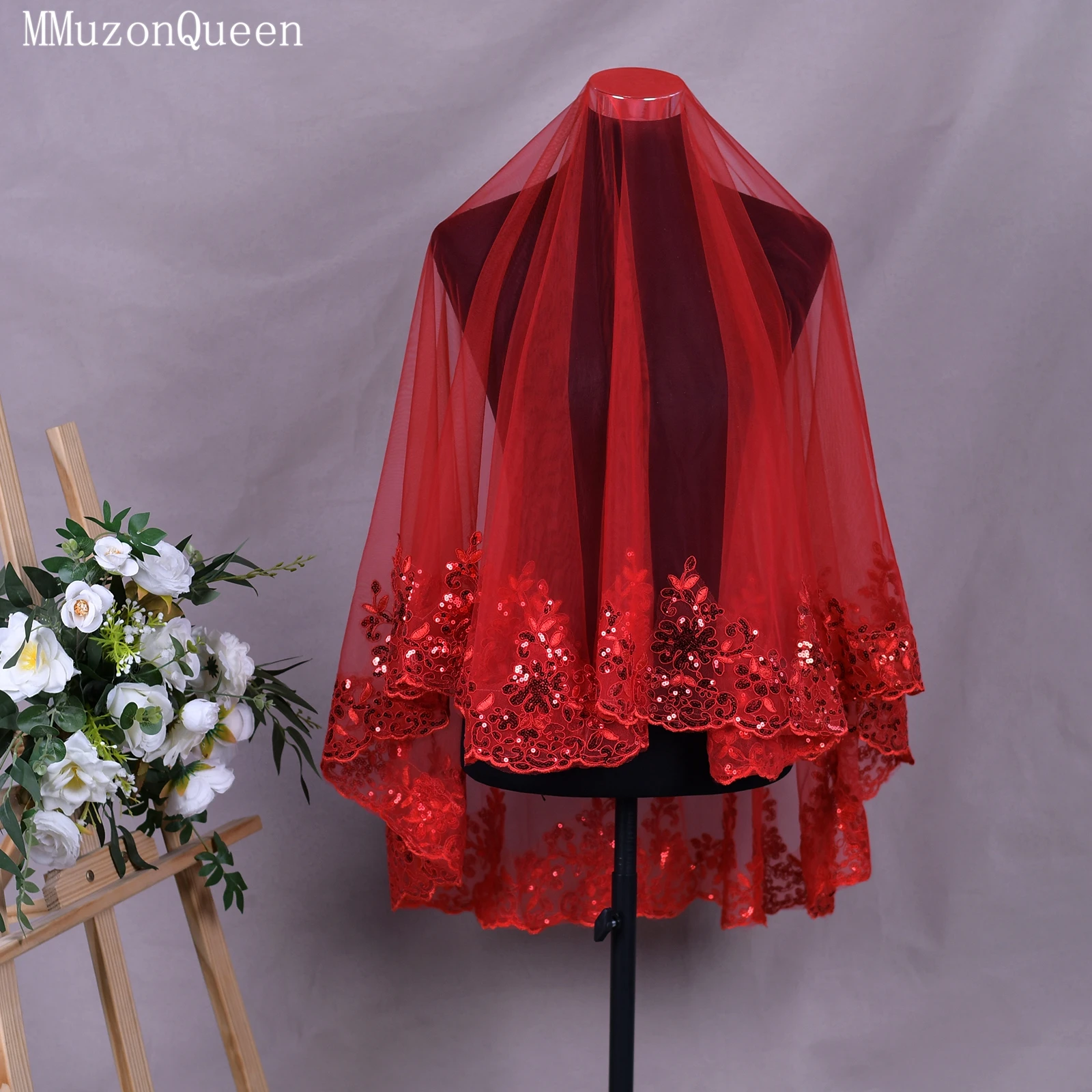 

Свадебная фата TOPQUEEN с двойным кружевным краем, теплого красного цвета, свадебный аксессуар, двухслойная фата с пайетками V232, с гребнем