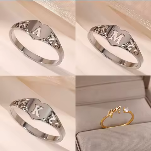 Stainless Steel A-Z Letter Heart Rings For Women Silver Color Hollow Initial Letter Ring Aesthetic Wedding Jewelry Gift