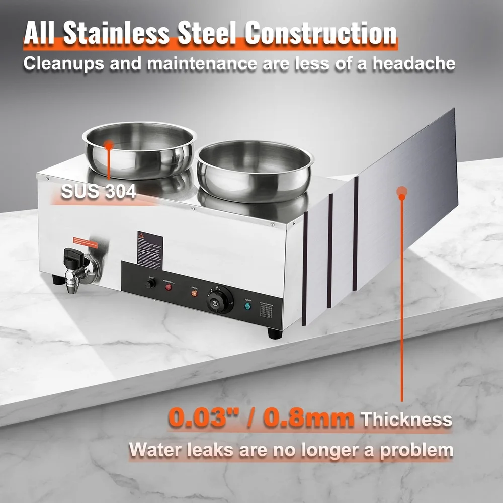 2 Pot Commercial Soup Warmer Electric Food Heater with Drainage Faucet Stainless Steel Soup Station Catering Events