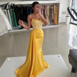 Lily Yellow O-Neck Party Dresses Trumpet Sleeveless Pleats Night Dresses with Sequins Stain Celebrity Dresses vestidos de fiesta