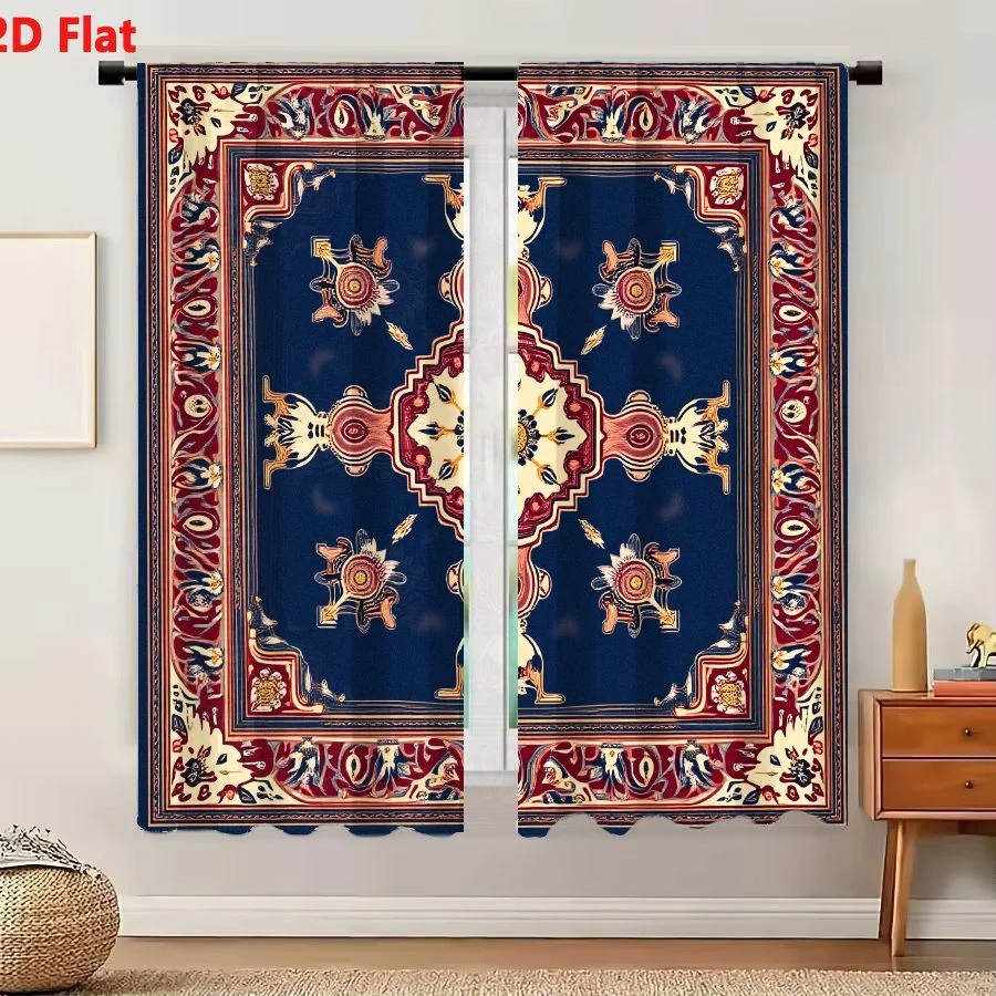 2Pcs Curtains 2D Flat Square Textile Pattern With Ornate Medallion And Floral Borders In Navy Blue Burgundy And Gold Window Drap