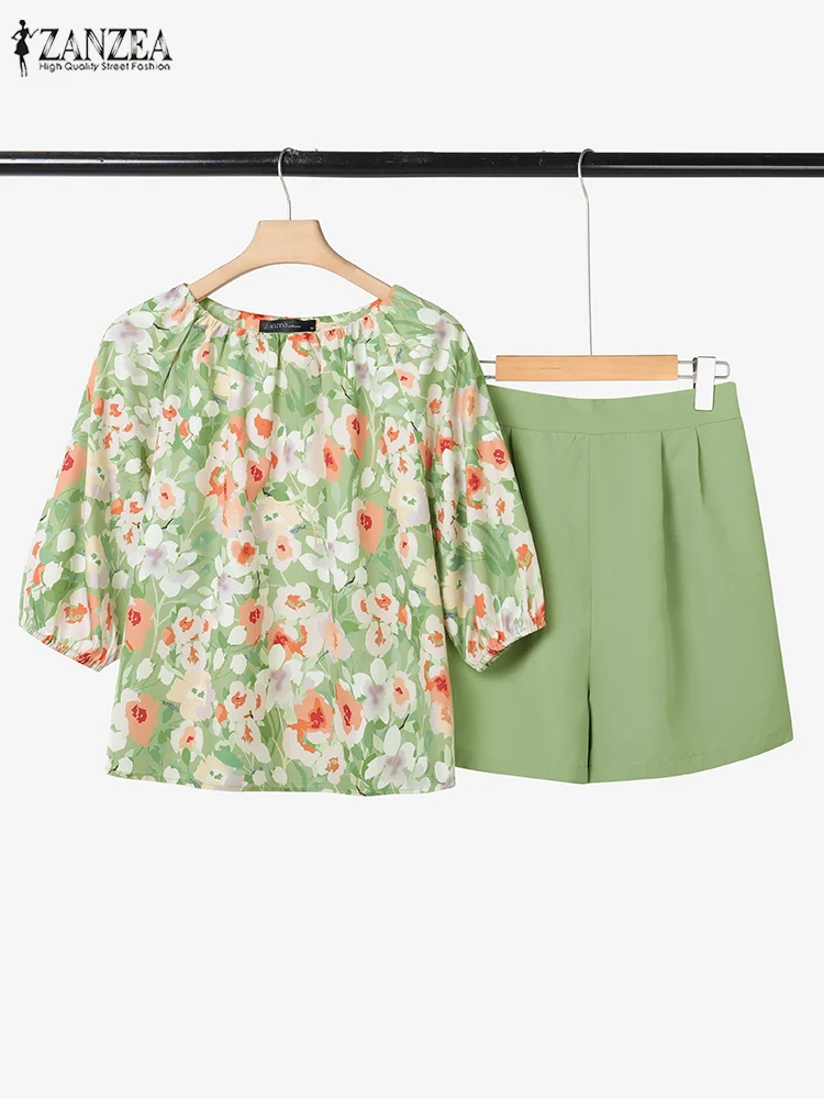 Set Pendek 2 Potong Wanita ZANZEA Blus Bunga Kerah O Lengan Setengah dan Celana Pendek Pinggang Elastis Warna Polos Pakaian Musim Panas Kasual